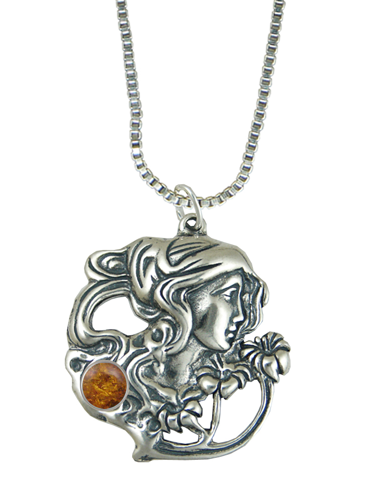 Sterling Silver Garden Woman Maiden Pendant With Amber